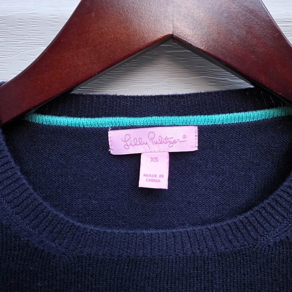 Lilly Pulitzer Hot Toddy Sweater XS Navy Blue Graphic Wool Blend‎ Slim Fit - Picture 2 of 5